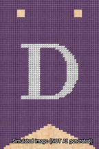 A simulated image of the stitched needlepoint design: Banner 13m Forked D White on Purple. Not A.I. generated.
