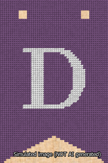 A simulated image of the stitched needlepoint design: Banner 13m Forked D White on Purple. Not A.I. generated.