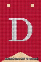 A simulated image of the stitched needlepoint design: Banner 13m Forked D White on Red. Not A.I. generated.