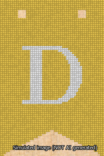 A simulated image of the stitched needlepoint design: Banner 13m Forked D White on Yellow. Not A.I. generated.