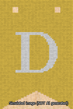 A simulated image of the stitched needlepoint design: Banner 13m Forked D White on Yellow. Not A.I. generated.