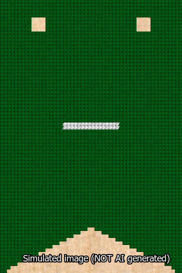 A simulated image of the stitched needlepoint design: Banner 13m Forked Dash White on Green. Not A.I. generated.