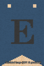 A simulated image of the stitched needlepoint design: Banner 13m Forked E Black on Blue. Not A.I. generated.
