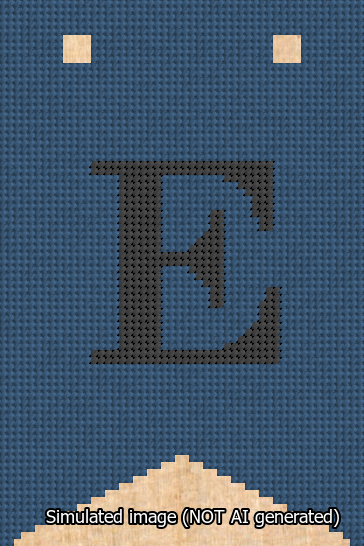 A simulated image of the stitched needlepoint design: Banner 13m Forked E Black on Blue. Not A.I. generated.