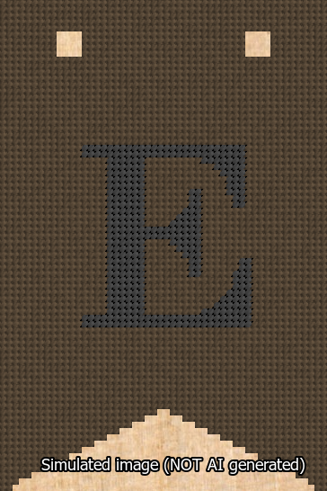 A simulated image of the stitched needlepoint design: Banner 13m Forked E Black on Brown. Not A.I. generated.
