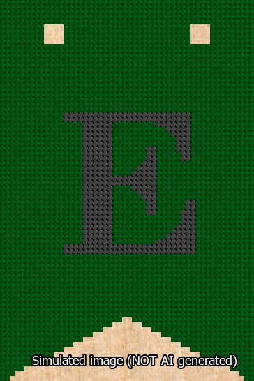 A simulated image of the stitched needlepoint design: Banner 13m Forked E Black on Green. Not A.I. generated.