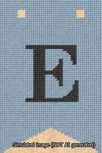 A simulated image of the stitched needlepoint design: Banner 13m Forked E Black on Light Blue. Not A.I. generated.