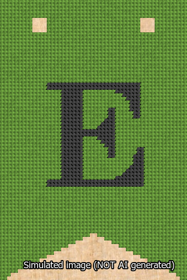 A simulated image of the stitched needlepoint design: Banner 13m Forked E Black on Light Green. Not A.I. generated.