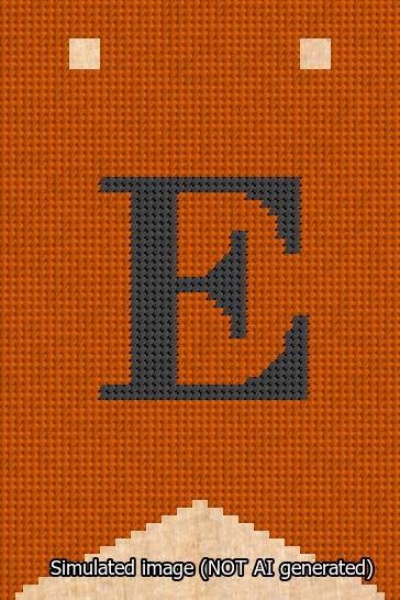 A simulated image of the stitched needlepoint design: Banner 13m Forked E Black on Orange. Not A.I. generated.