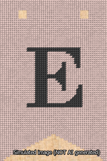 A simulated image of the stitched needlepoint design: Banner 13m Forked E Black on Pink. Not A.I. generated.