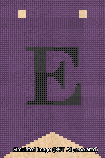 A simulated image of the stitched needlepoint design: Banner 13m Forked E Black on Purple. Not A.I. generated.