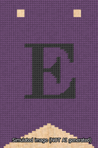 A simulated image of the stitched needlepoint design: Banner 13m Forked E Black on Purple. Not A.I. generated.