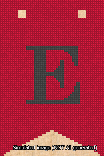 A simulated image of the stitched needlepoint design: Banner 13m Forked E Black on Red. Not A.I. generated.