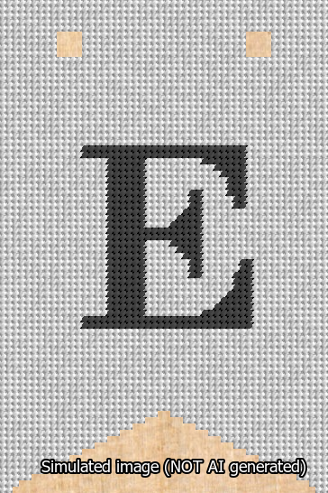 A simulated image of the stitched needlepoint design: Banner 13m Forked E Black on White. Not A.I. generated.