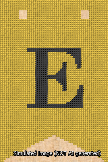 A simulated image of the stitched needlepoint design: Banner 13m Forked E Black on Yellow. Not A.I. generated.
