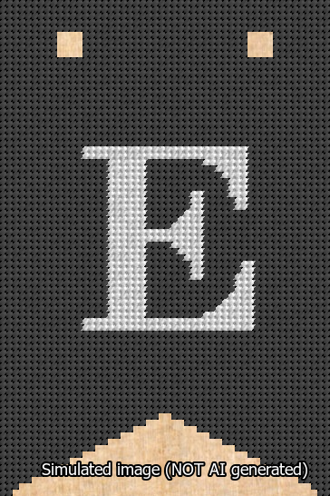 A simulated image of the stitched needlepoint design: Banner 13m Forked E White on Black. Not A.I. generated.
