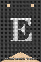 A simulated image of the stitched needlepoint design: Banner 13m Forked E White on Black. Not A.I. generated.