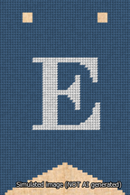A simulated image of the stitched needlepoint design: Banner 13m Forked E White on Blue. Not A.I. generated.