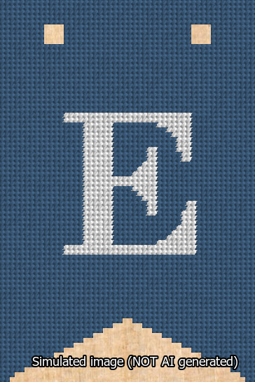 A simulated image of the stitched needlepoint design: Banner 13m Forked E White on Blue. Not A.I. generated.