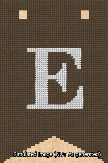 A simulated image of the stitched needlepoint design: Banner 13m Forked E White on Brown. Not A.I. generated.
