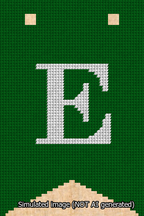 A simulated image of the stitched needlepoint design: Banner 13m Forked E White on Green. Not A.I. generated.