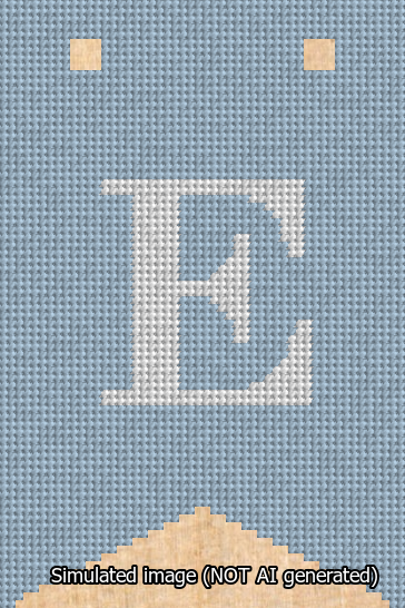 A simulated image of the stitched needlepoint design: Banner 13m Forked E White on Light Blue. Not A.I. generated.