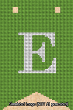 A simulated image of the stitched needlepoint design: Banner 13m Forked E White on Light Green. Not A.I. generated.