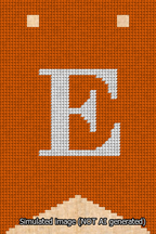 A simulated image of the stitched needlepoint design: Banner 13m Forked E White on Orange. Not A.I. generated.