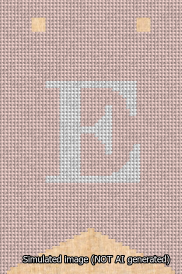 A simulated image of the stitched needlepoint design: Banner 13m Forked E White on Pink. Not A.I. generated.