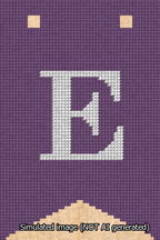 A simulated image of the stitched needlepoint design: Banner 13m Forked E White on Purple. Not A.I. generated.
