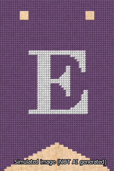 A simulated image of the stitched needlepoint design: Banner 13m Forked E White on Purple. Not A.I. generated.