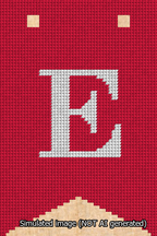 A simulated image of the stitched needlepoint design: Banner 13m Forked E White on Red. Not A.I. generated.