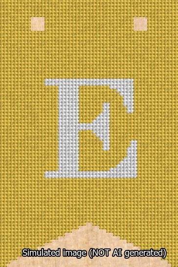 A simulated image of the stitched needlepoint design: Banner 13m Forked E White on Yellow. Not A.I. generated.