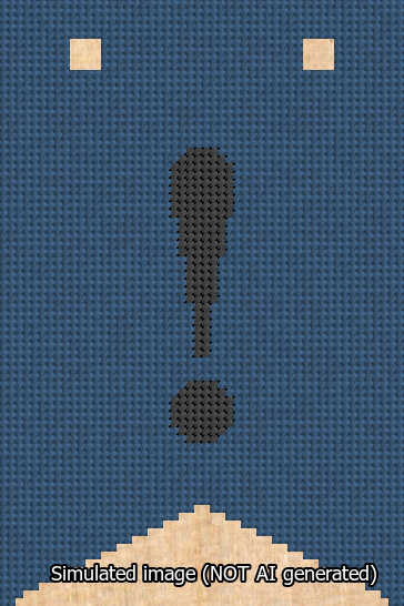 A simulated image of the stitched needlepoint design: Banner 13m Forked Exclamation Black on Blue. Not A.I. generated.