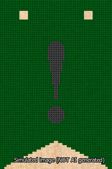 A simulated image of the stitched needlepoint design: Banner 13m Forked Exclamation Black on Green. Not A.I. generated.
