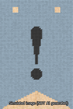 A simulated image of the stitched needlepoint design: Banner 13m Forked Exclamation Black on Light Blue. Not A.I. generated.