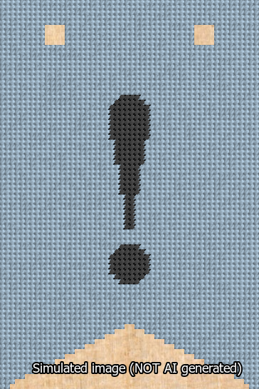 A simulated image of the stitched needlepoint design: Banner 13m Forked Exclamation Black on Light Blue. Not A.I. generated.
