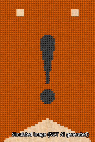 A simulated image of the stitched needlepoint design: Banner 13m Forked Exclamation Black on Orange. Not A.I. generated.