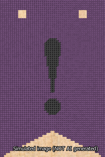 A simulated image of the stitched needlepoint design: Banner 13m Forked Exclamation Black on Purple. Not A.I. generated.