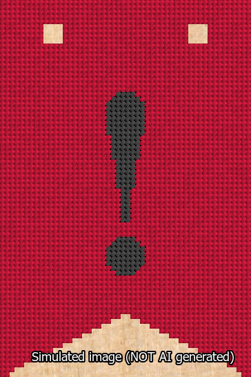 A simulated image of the stitched needlepoint design: Banner 13m Forked Exclamation Black on Red. Not A.I. generated.