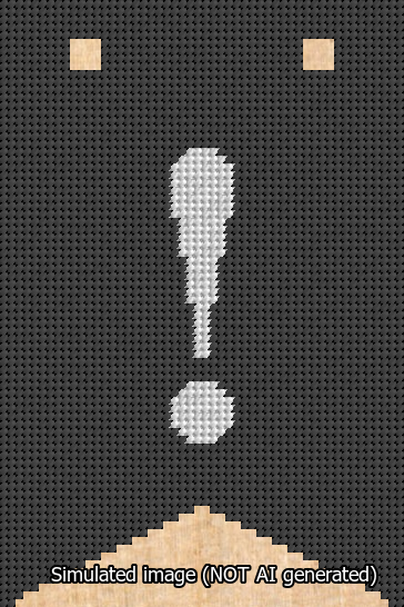 A simulated image of the stitched needlepoint design: Banner 13m Forked Exclamation White on Black. Not A.I. generated.