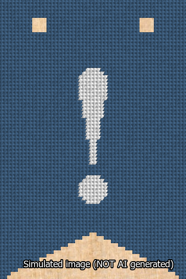 A simulated image of the stitched needlepoint design: Banner 13m Forked Exclamation White on Blue. Not A.I. generated.