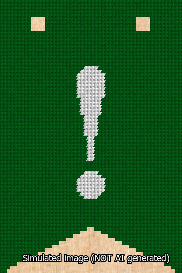 A simulated image of the stitched needlepoint design: Banner 13m Forked Exclamation White on Green. Not A.I. generated.