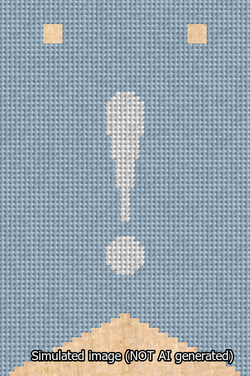 A simulated image of the stitched needlepoint design: Banner 13m Forked Exclamation White on Light Blue. Not A.I. generated.