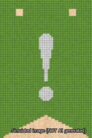 A simulated image of the stitched needlepoint design: Banner 13m Forked Exclamation White on Light Green. Not A.I. generated.