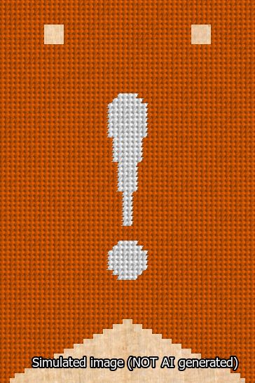 A simulated image of the stitched needlepoint design: Banner 13m Forked Exclamation White on Orange. Not A.I. generated.