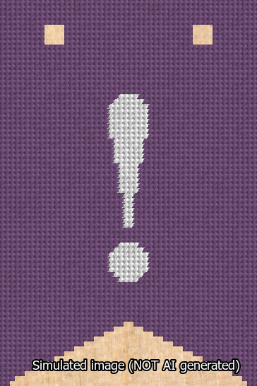 A simulated image of the stitched needlepoint design: Banner 13m Forked Exclamation White on Purple. Not A.I. generated.