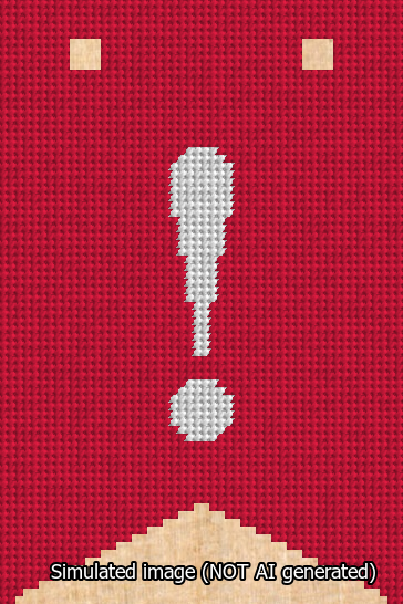 A simulated image of the stitched needlepoint design: Banner 13m Forked Exclamation White on Red. Not A.I. generated.