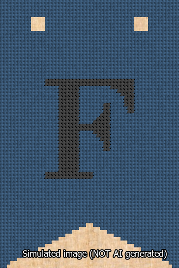A simulated image of the stitched needlepoint design: Banner 13m Forked F Black on Blue. Not A.I. generated.