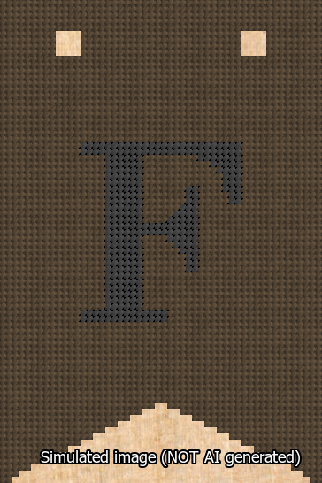 A simulated image of the stitched needlepoint design: Banner 13m Forked F Black on Brown. Not A.I. generated.